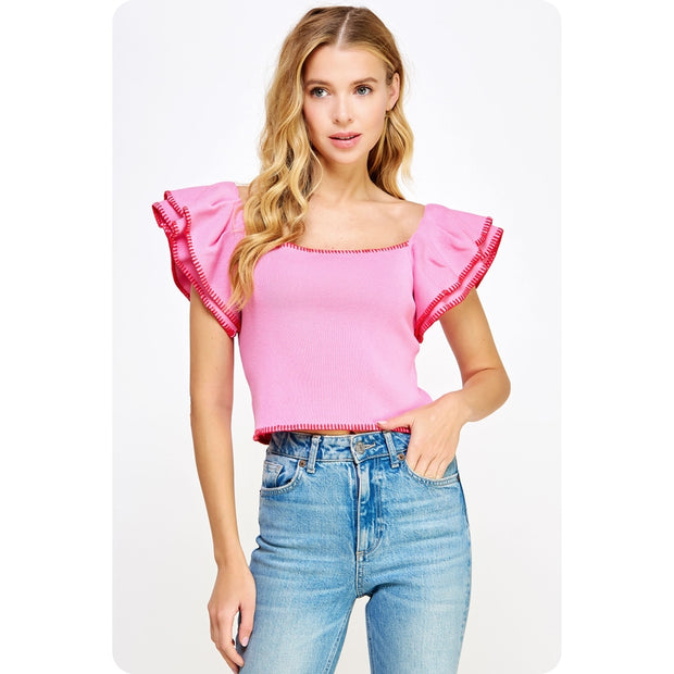 STB Contrast Embroidered Ruffle Sleeve Knit Top - Pink