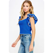 STB Contrast Embroidered Ruffle Sleeve Knit Top - Blue