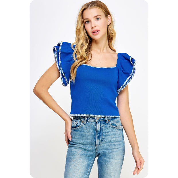 STB Contrast Embroidered Ruffle Sleeve Knit Top - Blue