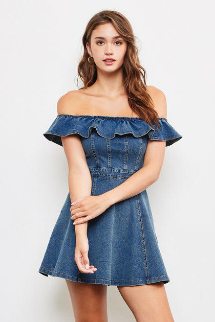 Ruffled Shoulder Denim Midi Dress - メルカリ