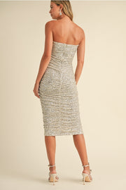 KE Sequin Strapless Ruched Midi Dress