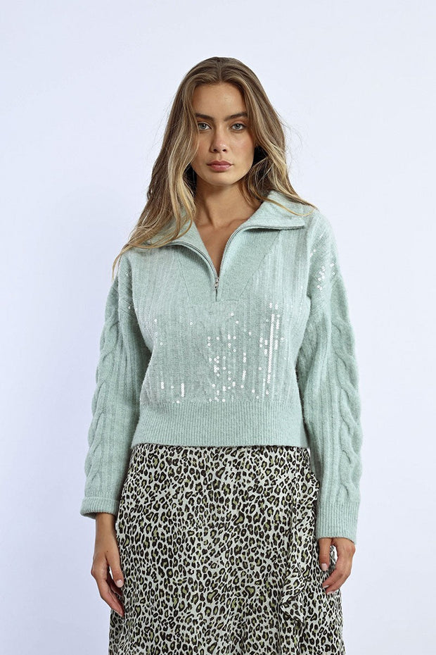 MBN Iridescent Sequin Quarter Zip Sweater