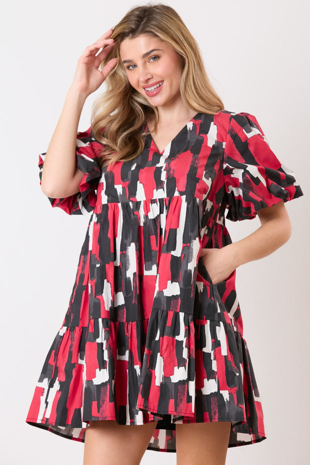 PE Poplin Abstract Print V-Neck Puff Dress