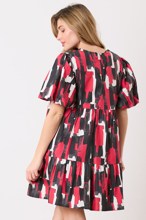 PE Poplin Abstract Print V-Neck Puff Dress