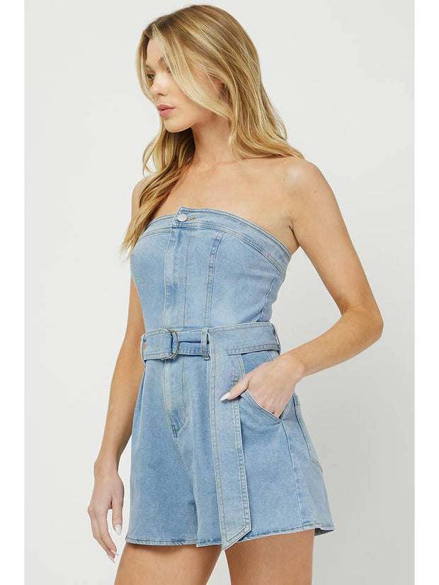 NE Strapless Denim Belted Romper