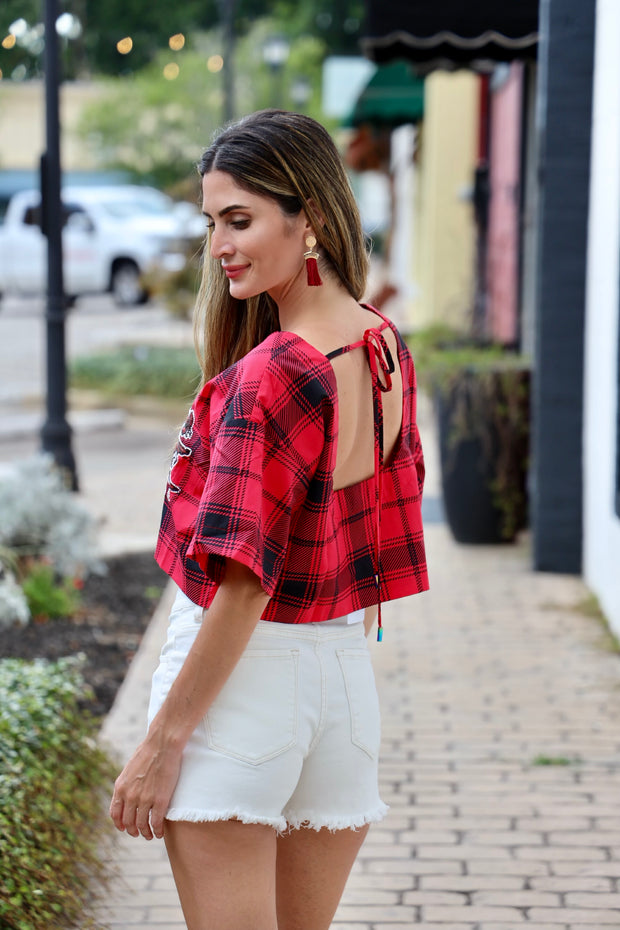 QS South Carolina Plaid Tie Back Cotton Top