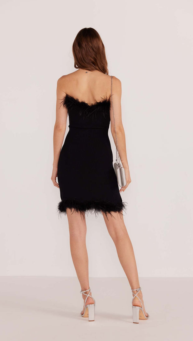 black dress with feather trim MKP Aster Feather Trim Mini Dress – Miss Cocky