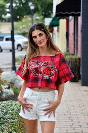 QS South Carolina Plaid Tie Back Cotton Top