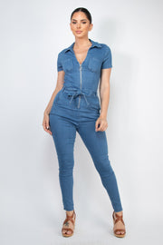 SIB Denim Waist Tie Zip Up Jumpsuit