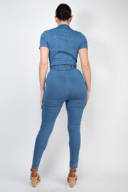 SIB Denim Waist Tie Zip Up Jumpsuit