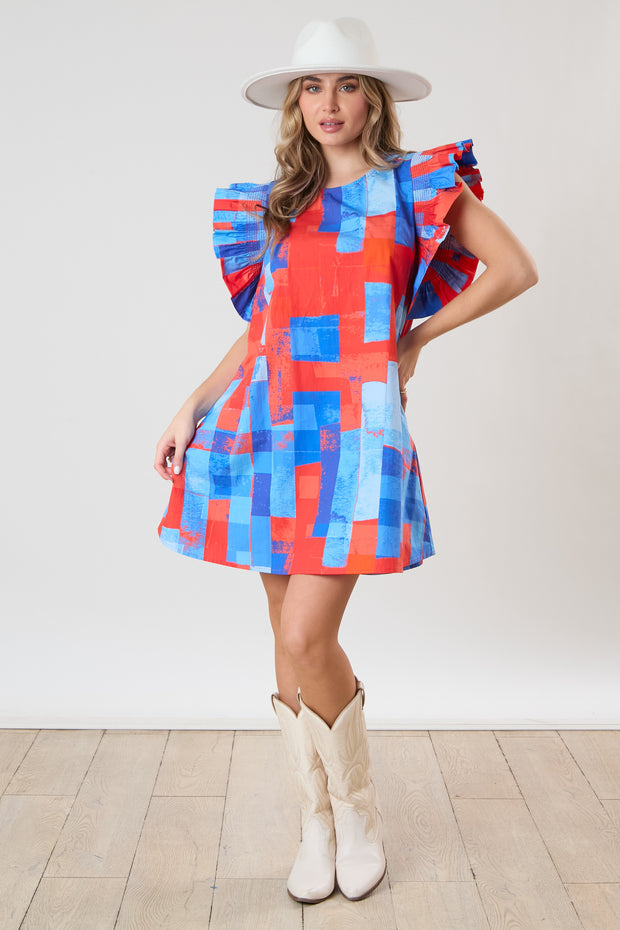 PE Abstract Printed Ruffle Sleeve Mini Dress