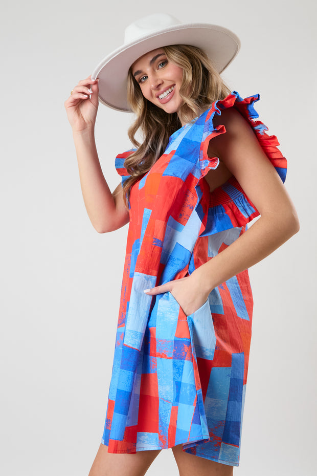 PE Abstract Printed Ruffle Sleeve Mini Dress