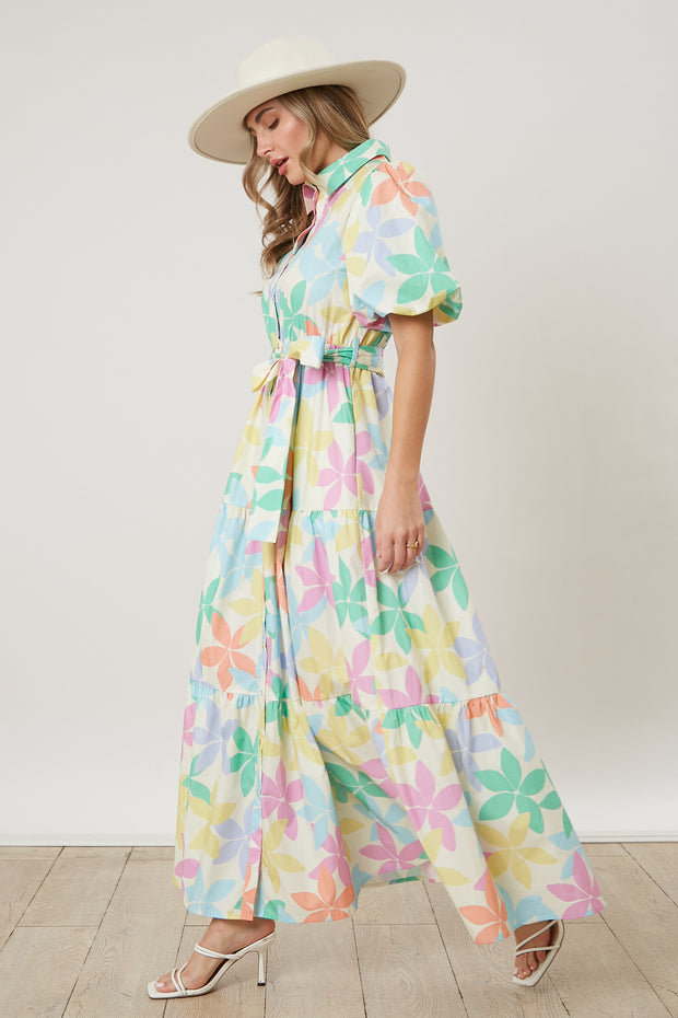 PE Floral Print Puff Sleeve Maxi Dress