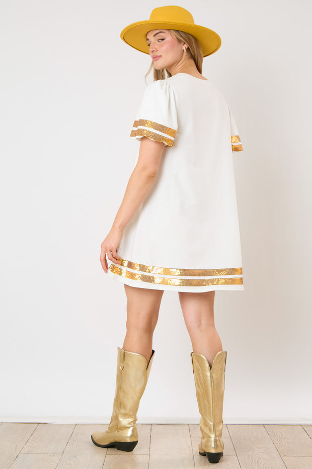 white football sequin dress Sequin Dress, Fleur De Lis, White and Gold Sequin Jersey Dress, Footba Gi Gi's Boutique