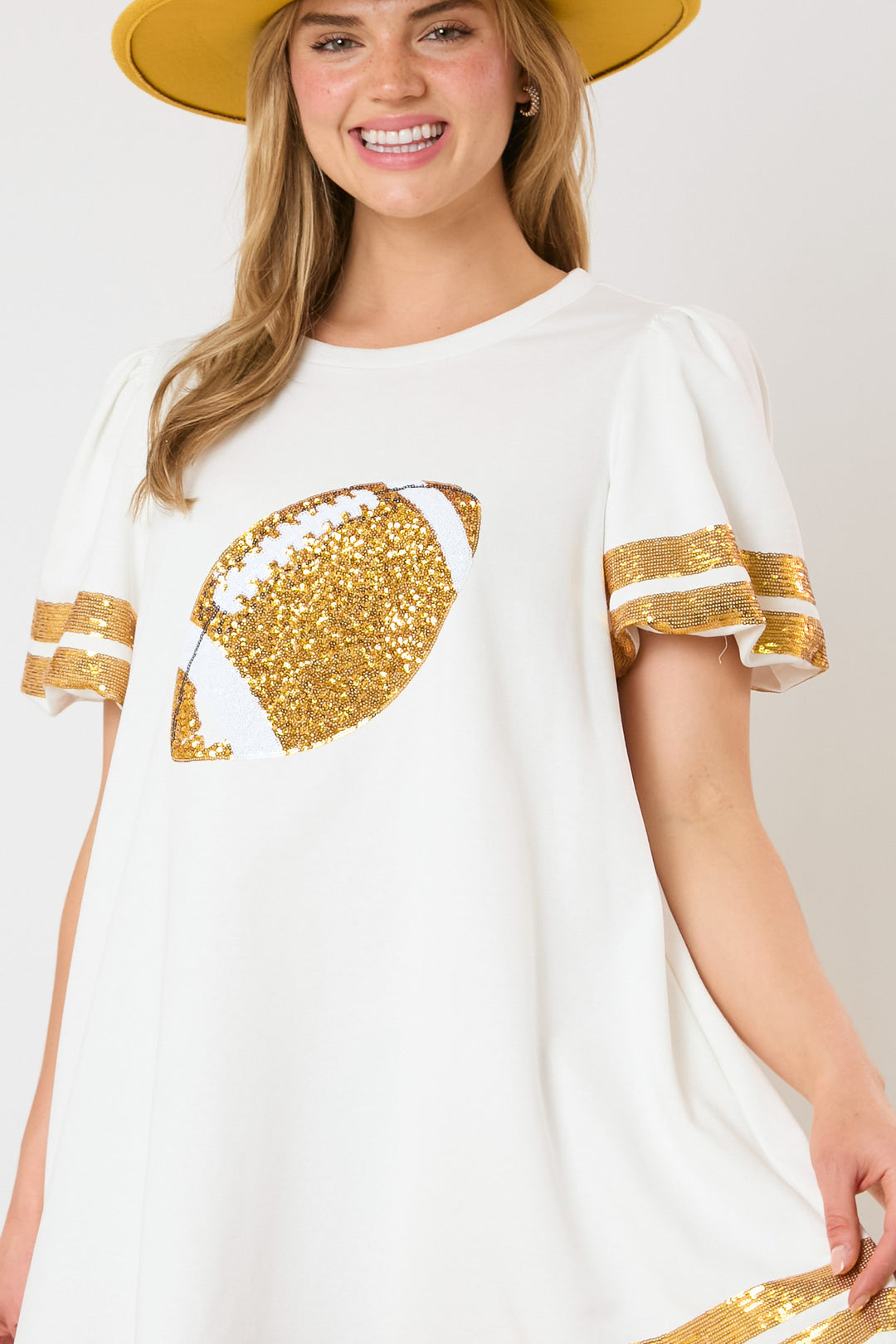 white dress with sequin footballs Lavender Sequin Football Dress