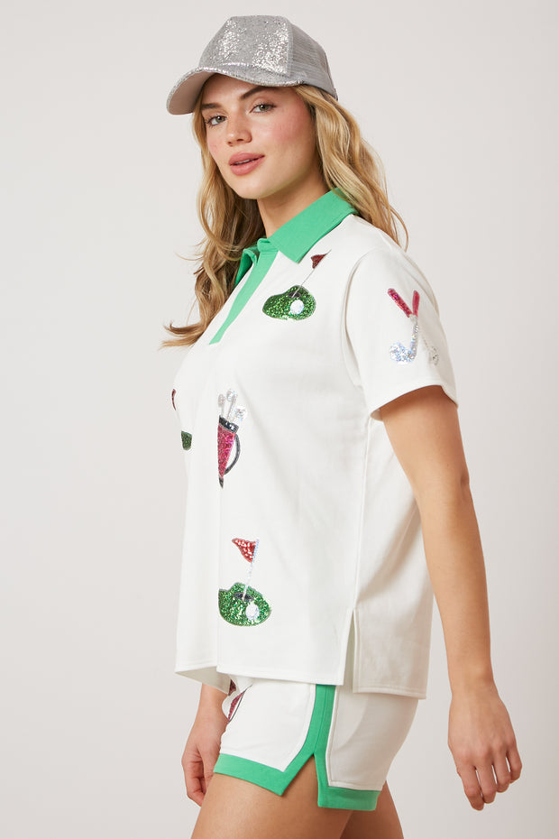 FF Embroidered Sequined Collared Short Sleeve Top