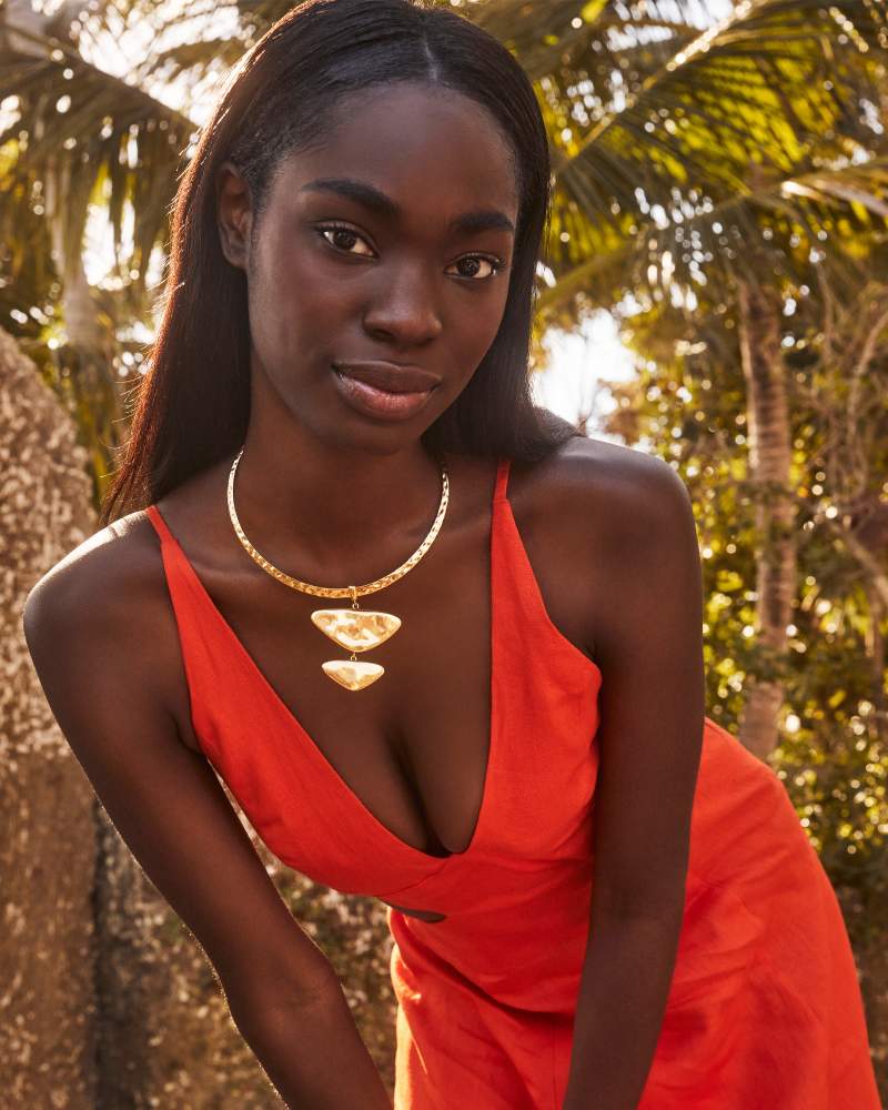 red dress gold necklace KS Margot Vintage Statement neckline:plunge