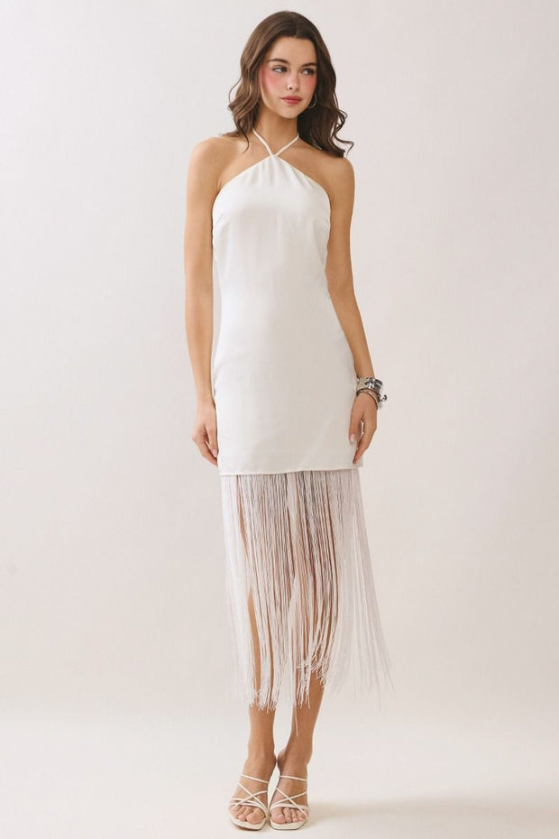 halter neck fringe dress TC Midi styleattribute-gracie abrams