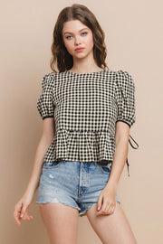 TC Matching Plaid Puff Slv Top