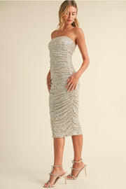 KE Sequin Strapless Ruched Midi Dress