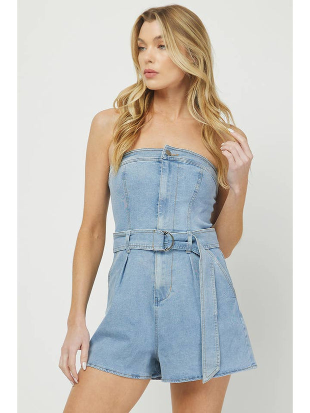 NE Strapless Denim Belted Romper