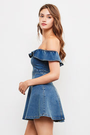 MS Ruffle Off The Shoulder Denim Dress