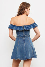 MS Ruffle Off The Shoulder Denim Dress