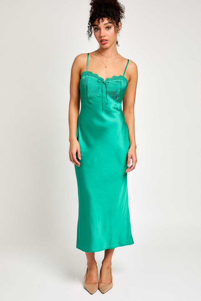 LL Pleated Lace Trimmed Satin Midi Dress Miss Cocky LL Pleated Lace Trimmed Satin Midi Dress Miss Cocky