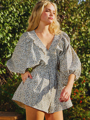 BUL Smocked V-Neck Ruffled Leopard Romper