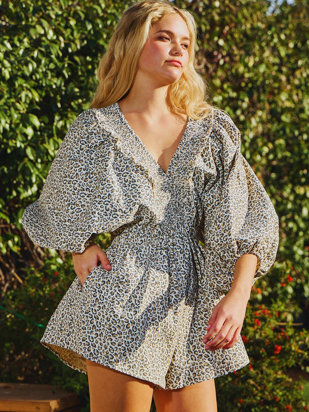 BUL Smocked V-Neck Ruffled Leopard Romper