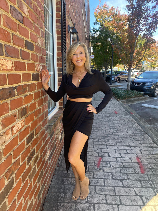 HY V-Neck Slit Skirt Set